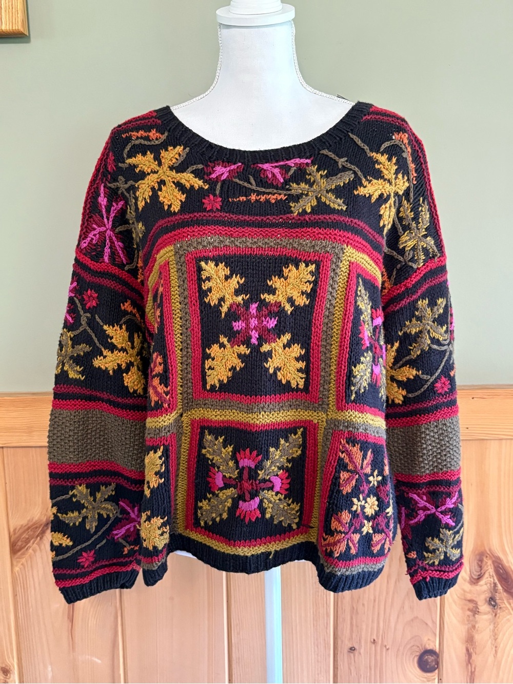 Vintage Jennifer Reed Hand Knit Sweater L Floral Patchwork Cottagecore 80s 90s